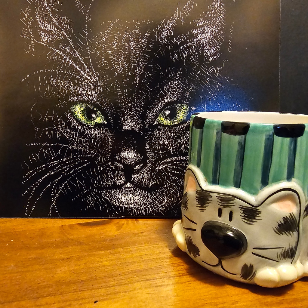 An illustration of a black cat with yellow eyes, made entirely of numbers. Beside it, a ceramic cup with a crouching tabby cat facing you.